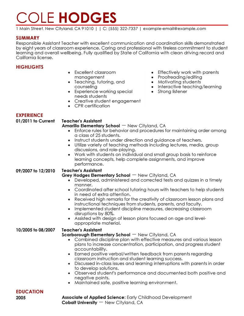 Professional Summary For Resume Teacher Assistant