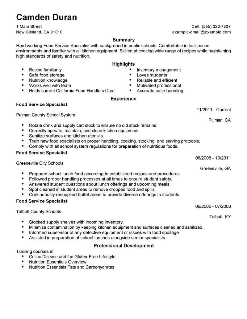 Food Service Resume Summary Examples