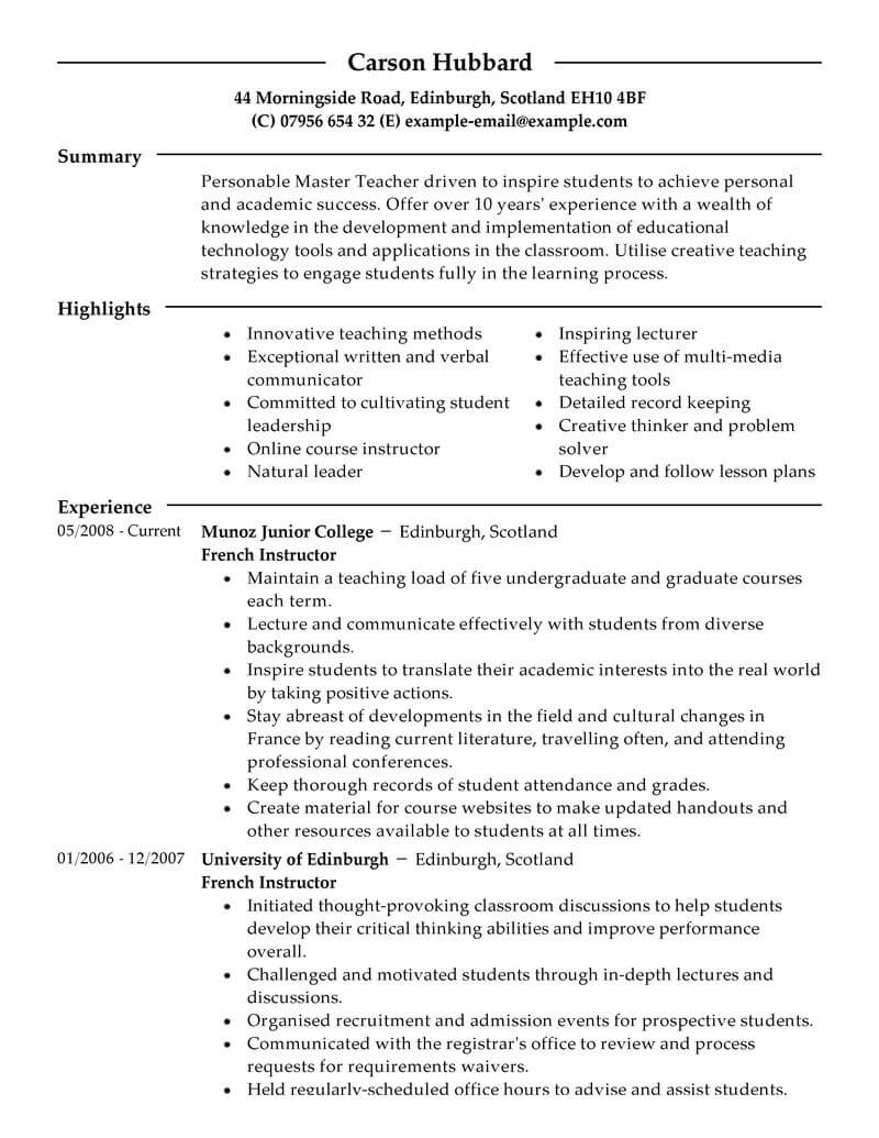 Best Master Teacher Resume Example From Professional ...