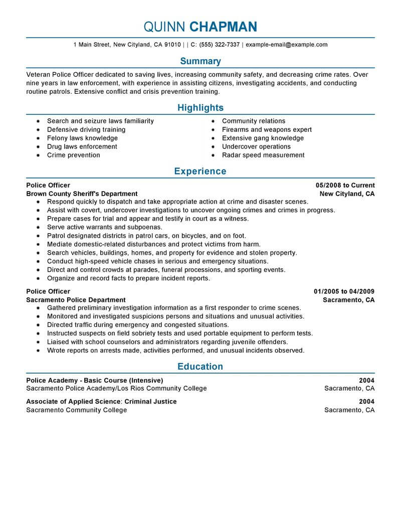example resume objective for police officer
