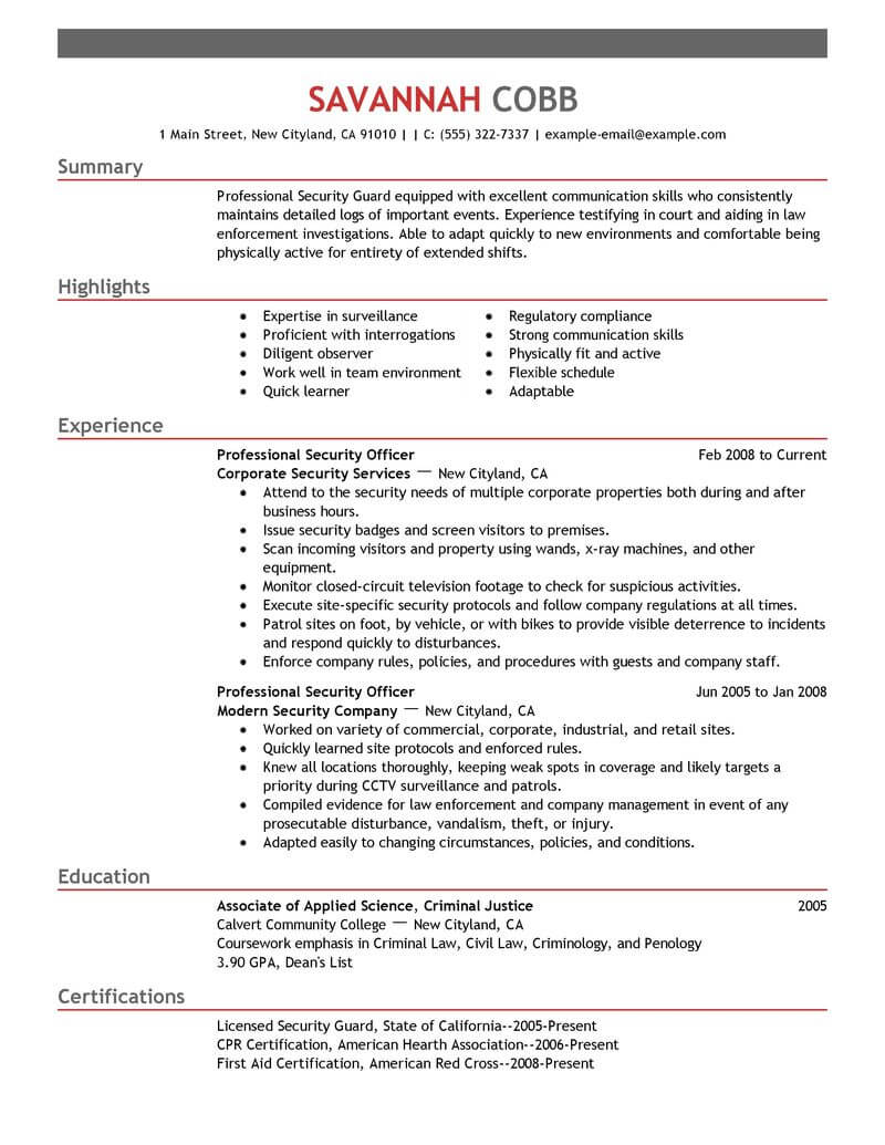 Best Professional Security Officer Resume Example From Professional Resume Writing Service