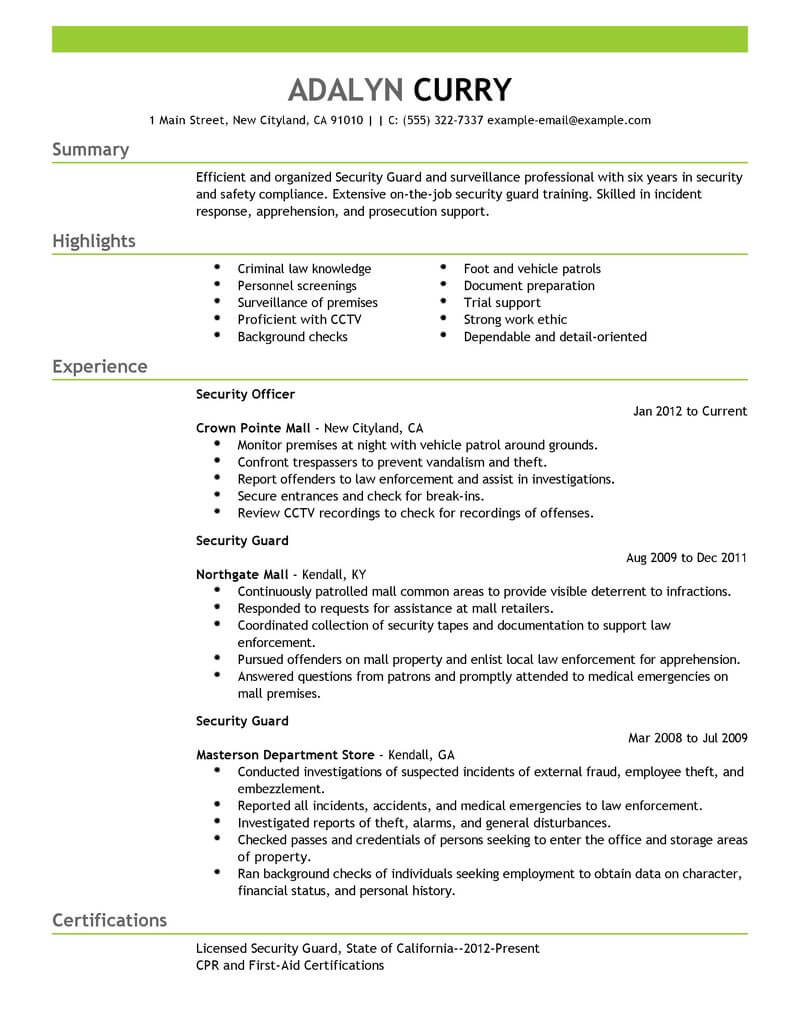 Best Security Guard Resume Example From Professional Resume