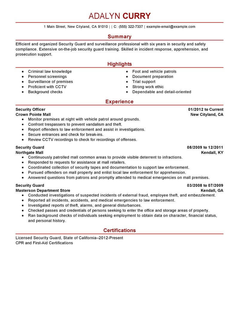 best security guard resume example from professional