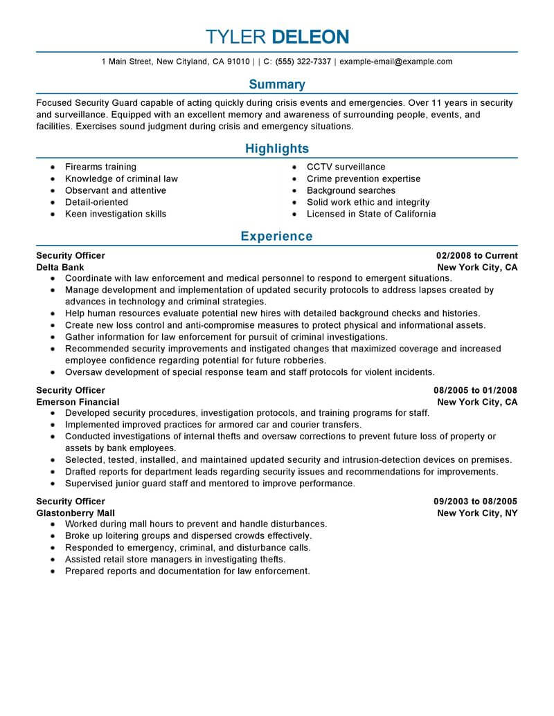 Best Security Officer Resume Example From Professional Resume Writing 