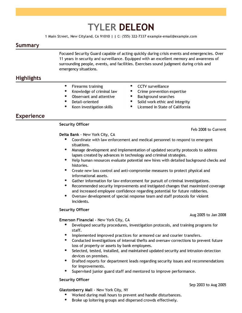 Personal profile for security job