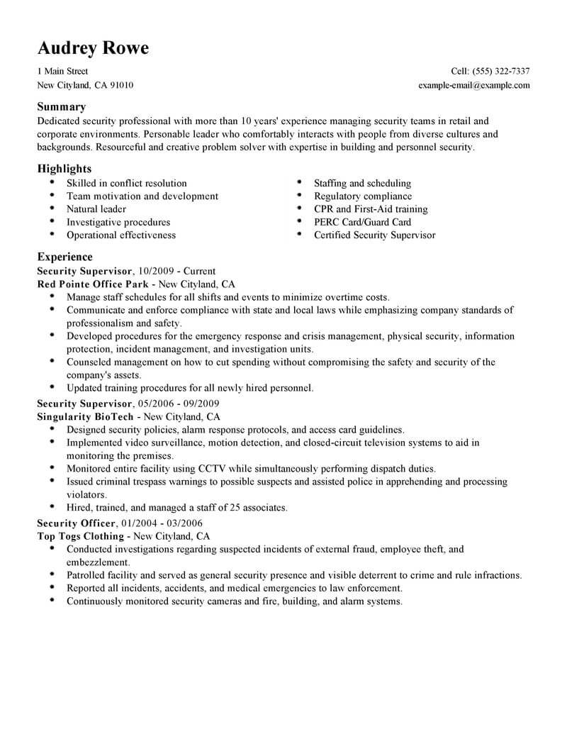 Best Security Supervisor Resume Example From Professional Resume 