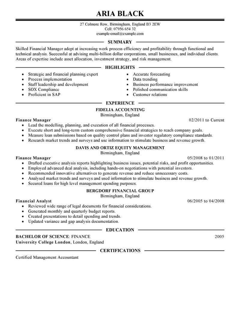 professional finance manager resume template