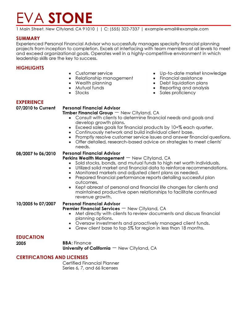 Best Personal Financial Advisor Resume Example From Professional Resume 