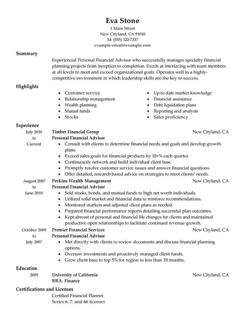 best personal financial advisor resume example from