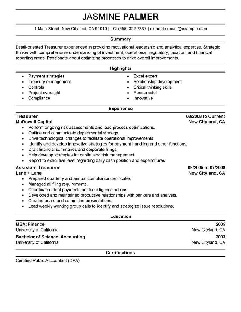 Best Treasurer Resume Example From Professional Resume Writing Service