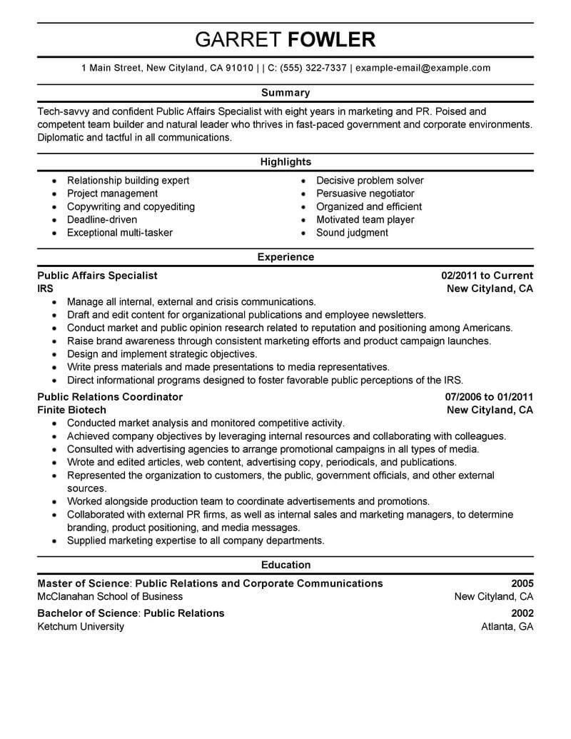 Best Public Affairs Specialist Resume Example From Professional Resume 