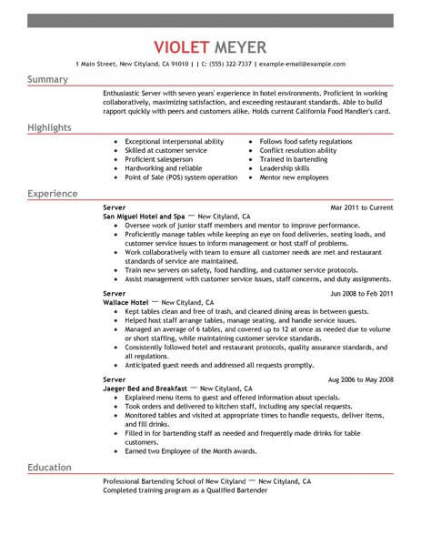 Best Hotel Server Resume Example From Professional Resume ...