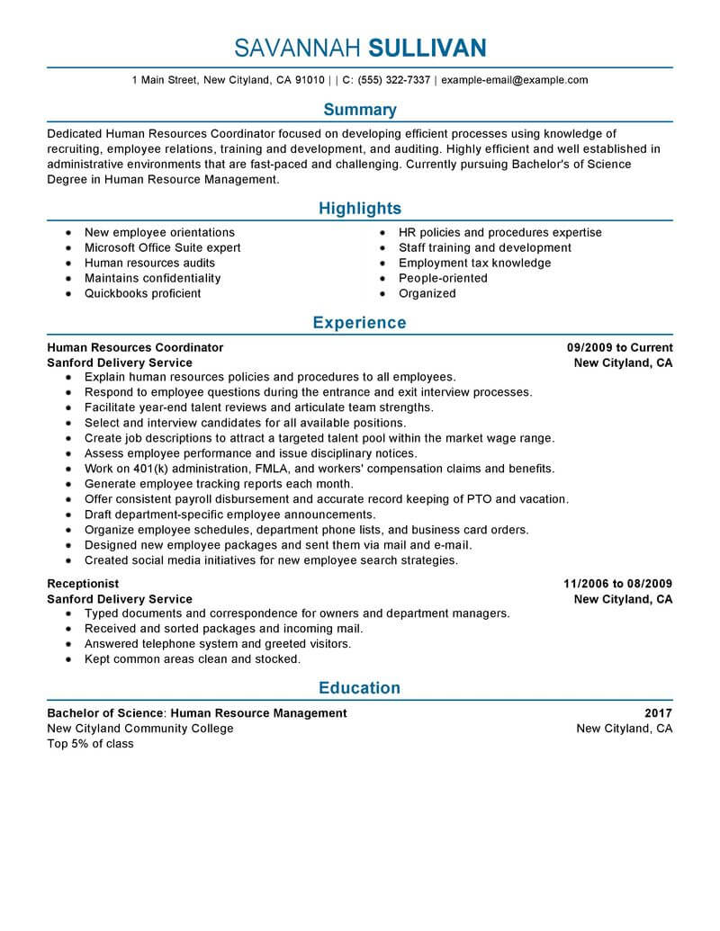 hr duties on resume