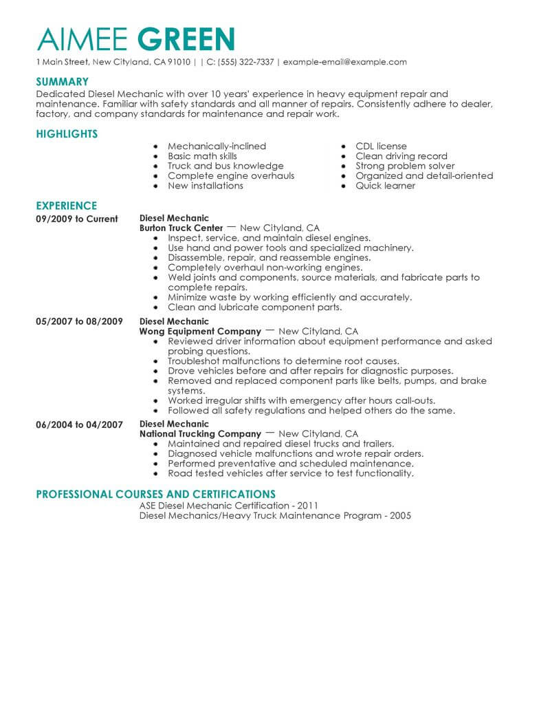 Best Diesel Mechanic Resume Example From Professional Resume Writing