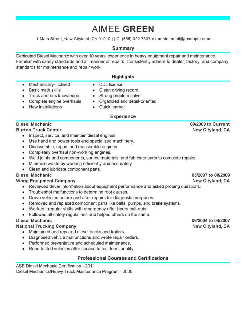Best Diesel Mechanic Resume Example From Professional Resume Writing Service