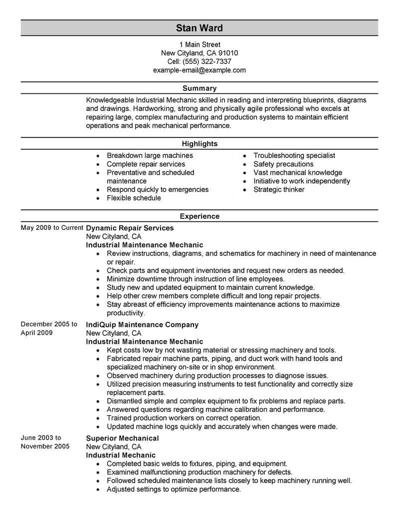 resume summary examples for maintenance mechanic