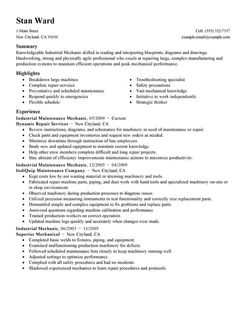 Best Industrial Maintenance Mechanic Resume Example From