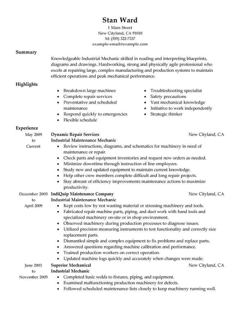 Best Industrial Maintenance Mechanic Resume Example From Professional