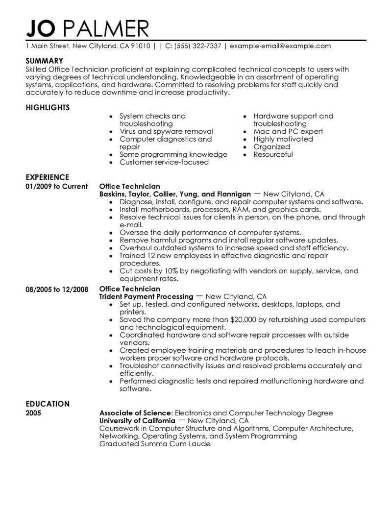 sample resume technician position