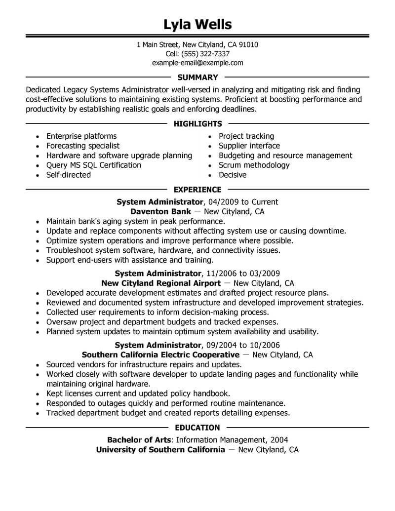 Best Legacy Systems Administrator Resume Example From Professional