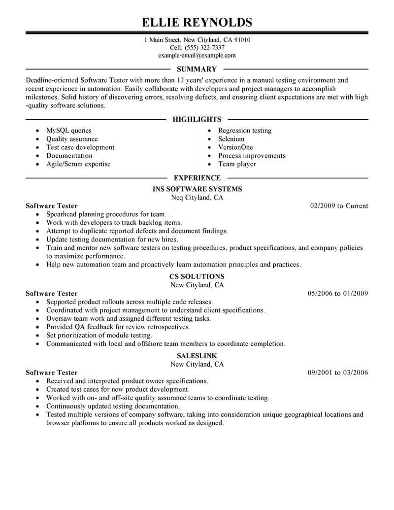 Software Tester Resume Examples