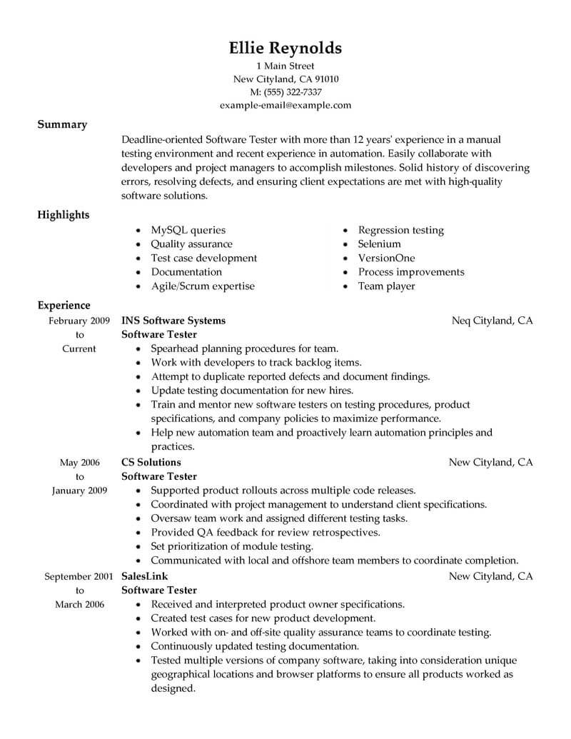 resume format for 1 year experience in manual testing