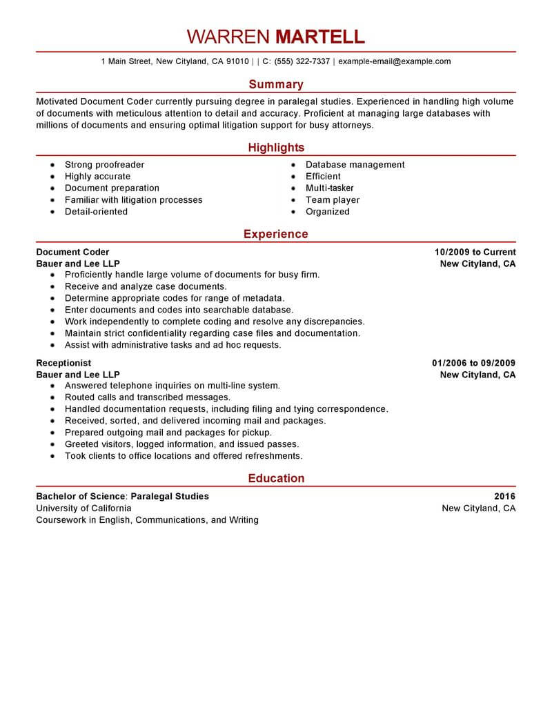 Best Legal Coding Specialist Resume Example From Professional Resume