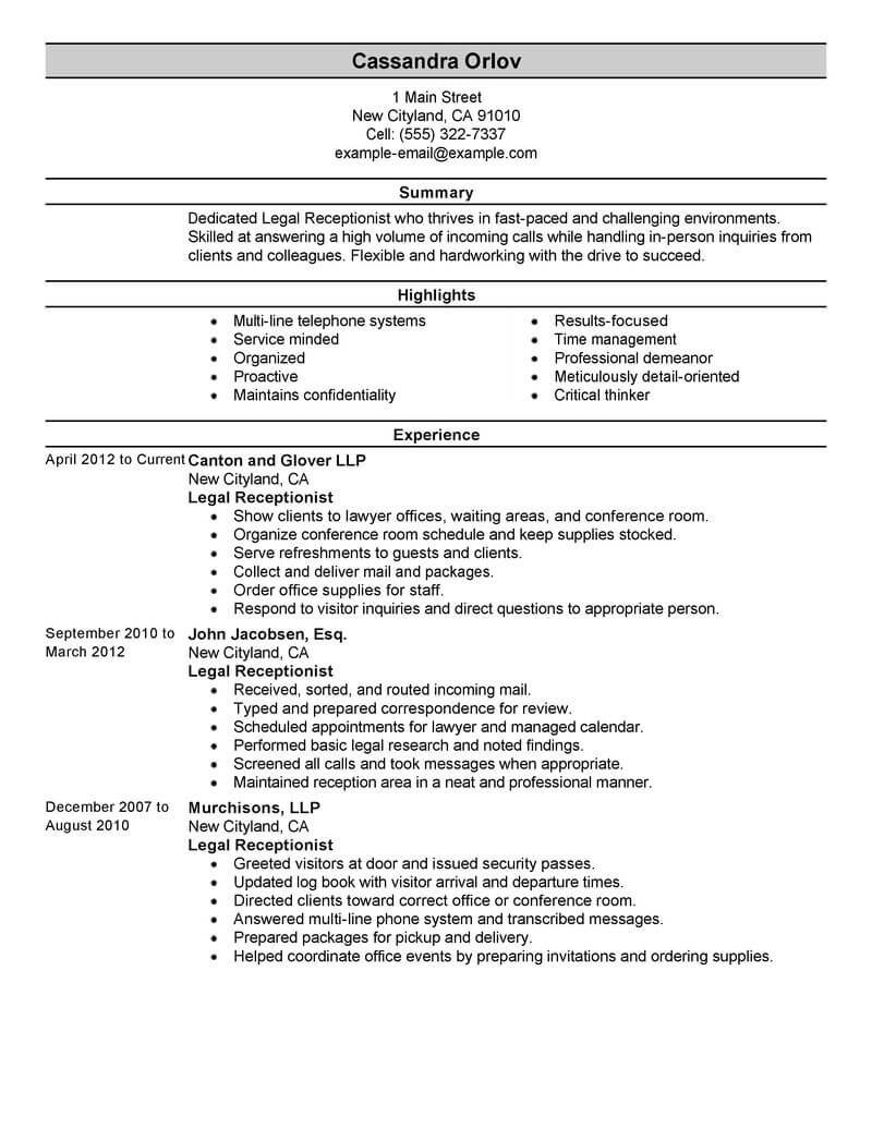 Best Legal Receptionist Resume Example From Professional ...