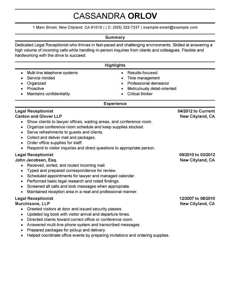best legal receptionist resume example from professional