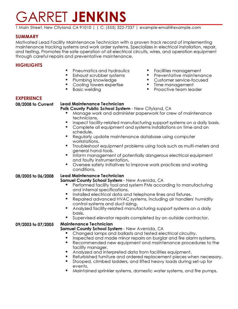 Best Facility Lead Maintenance Resume Example From ...