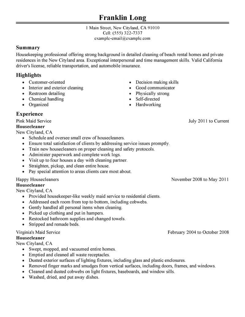 House Cleaner Resume Examples At Molly Kinard Blog