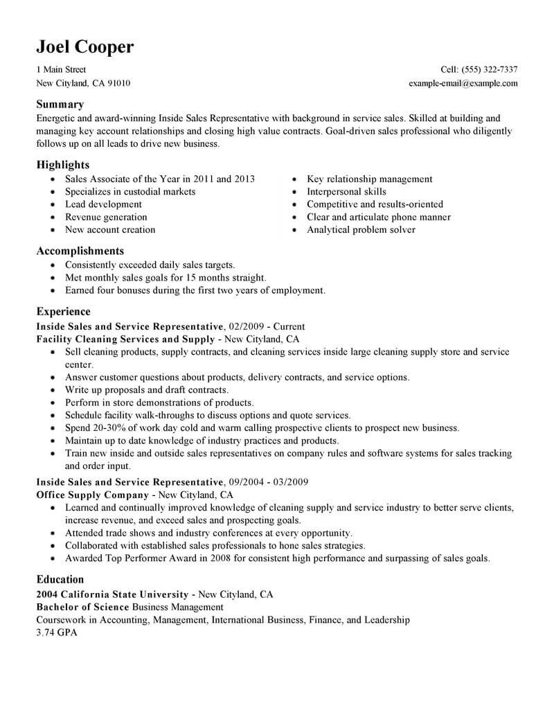 Best Inside Sales Resume Example From Professional Resume Writing Service