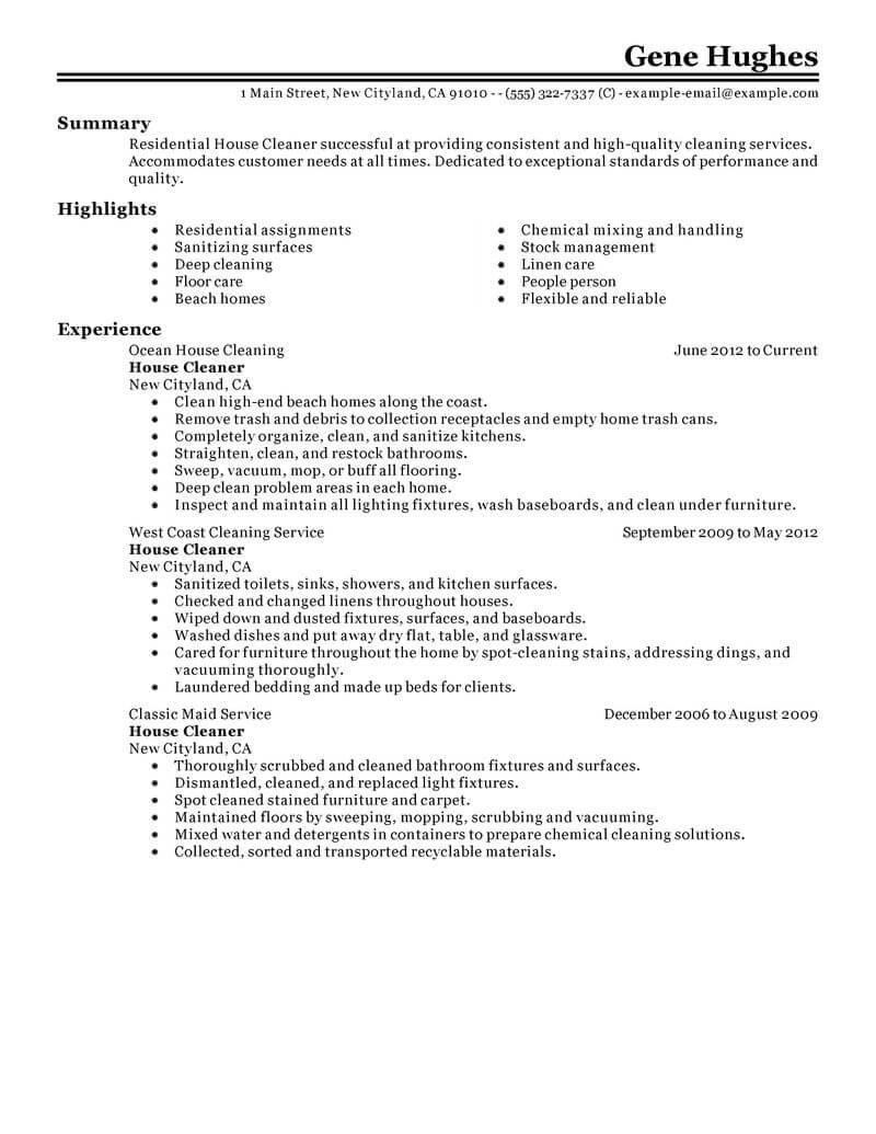 Best Residential House Cleaner Resume Example From ...