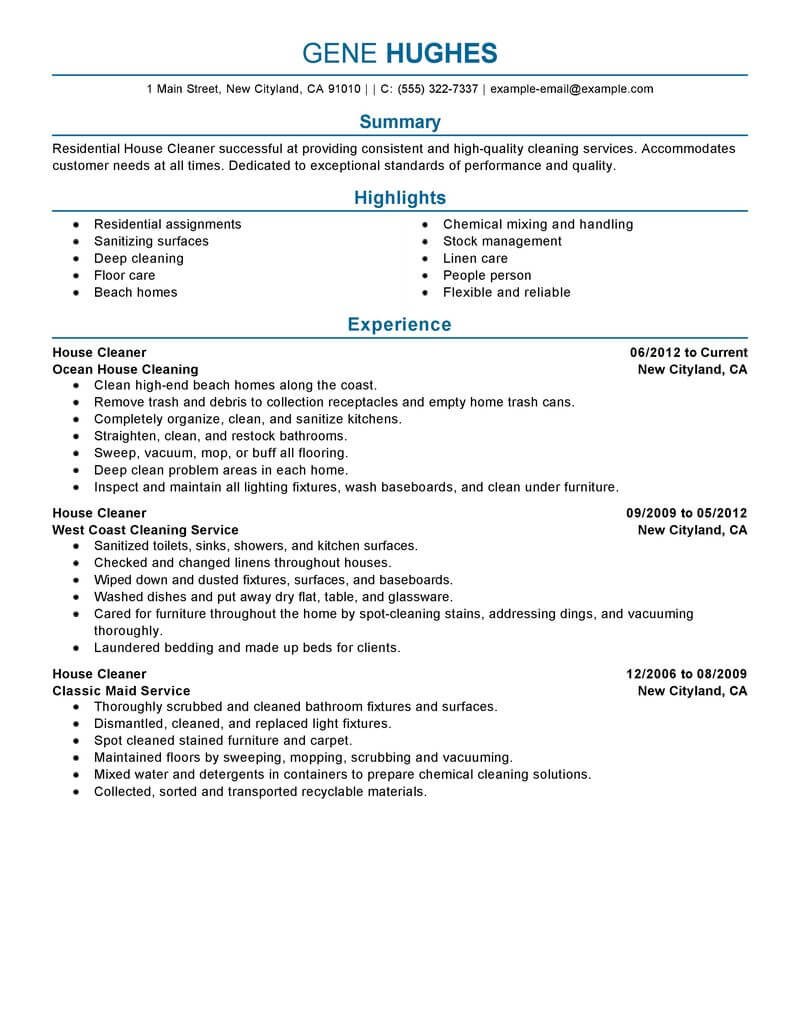 Best Residential House Cleaner Resume Example From Professional Resume Writing Service