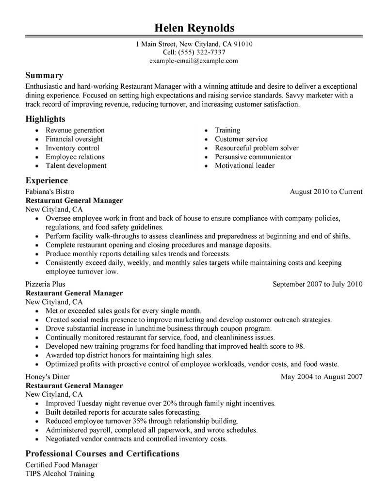 resume summary examples for food service