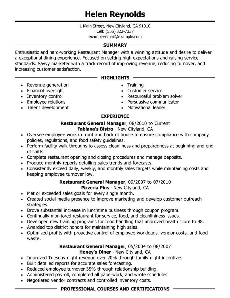 Best Restaurant Manager Resume Example From Professional Resume Writing 