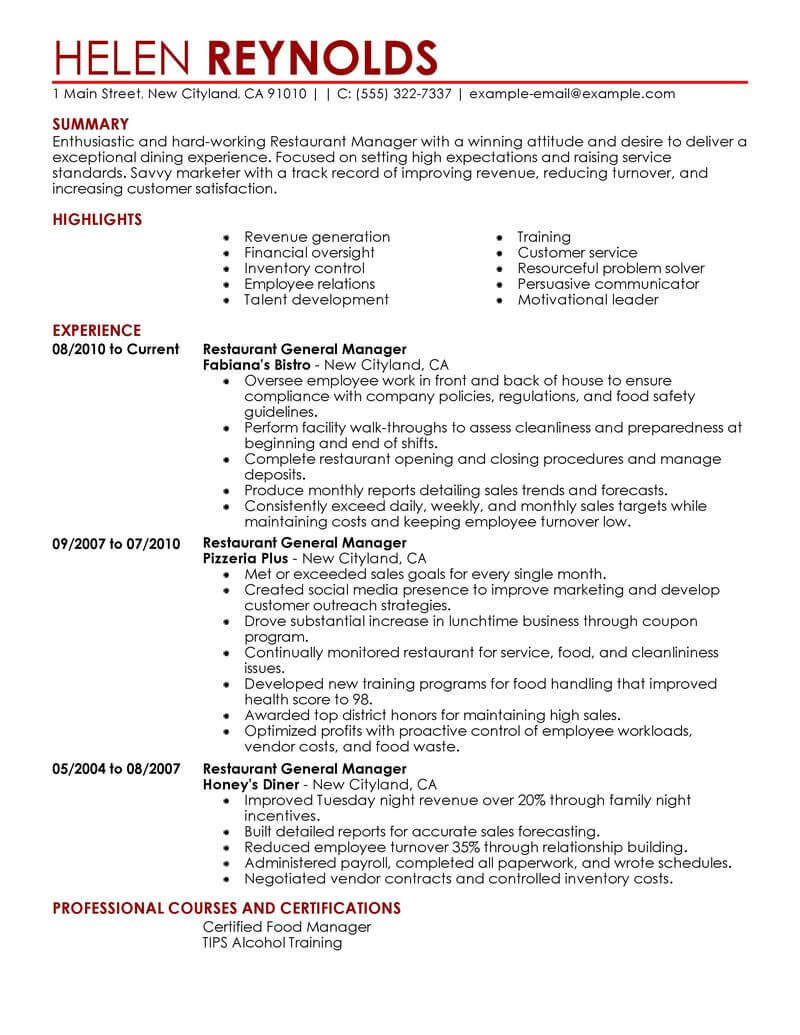 Best Restaurant Manager Resume Example From Professional Resume Writing 