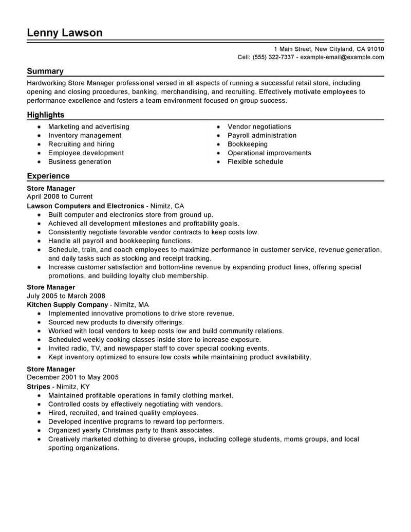 Retail Store Manager Description For Resume