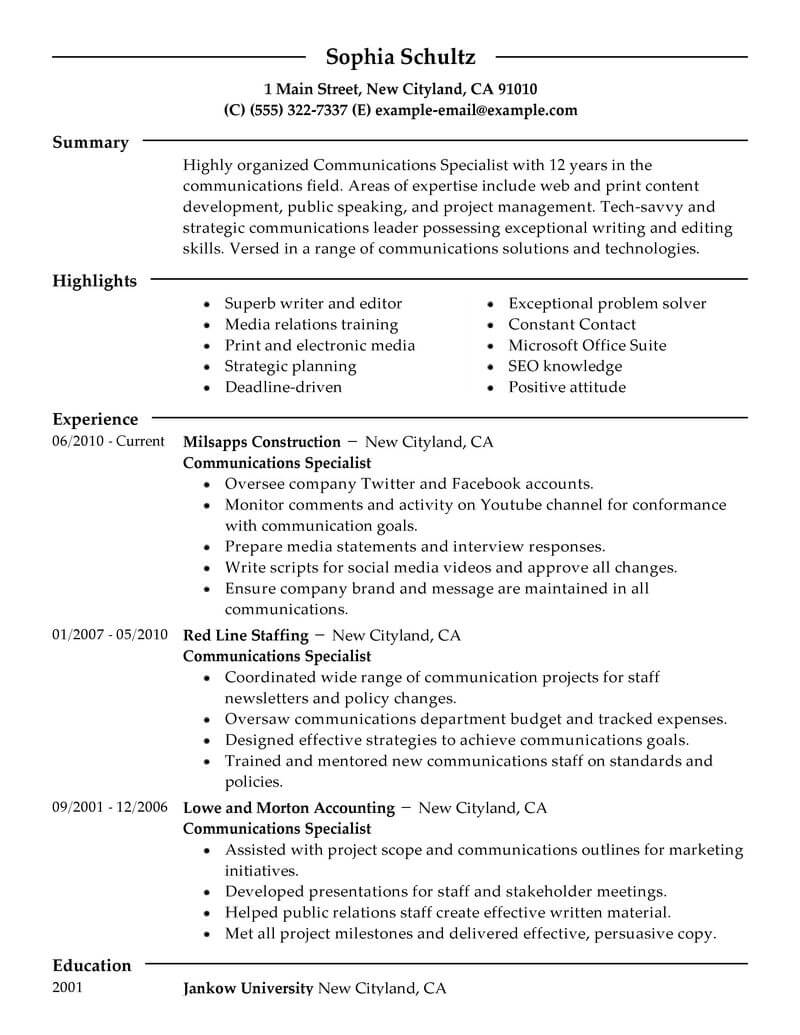 Best Communications Specialist Resume Example From Professional Resume 