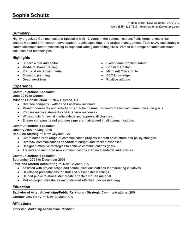 Best Communications Specialist Resume Example From Professional Resume 