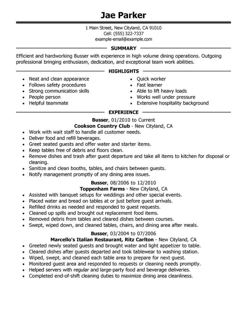 Best Busser Resume Example From Professional Resume