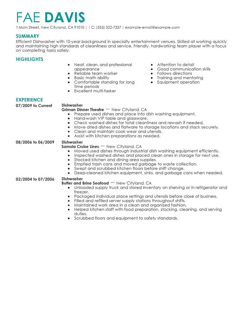 Best Dishwasher Resume Example From Professional Resume Writing Service