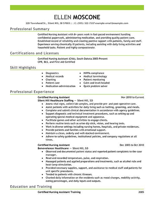 job resume for nursing assistant