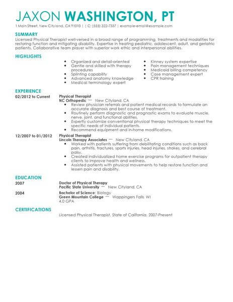resume objective examples for physical therapist