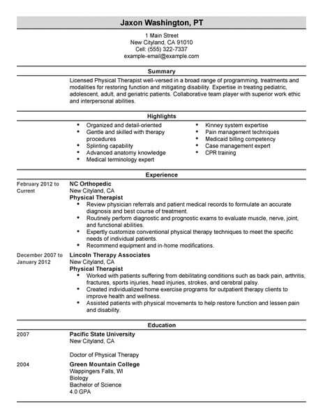 resume objective examples for physical therapist