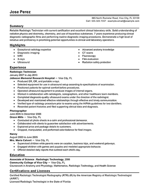 Best Radiology Technician Resume Example From Professional