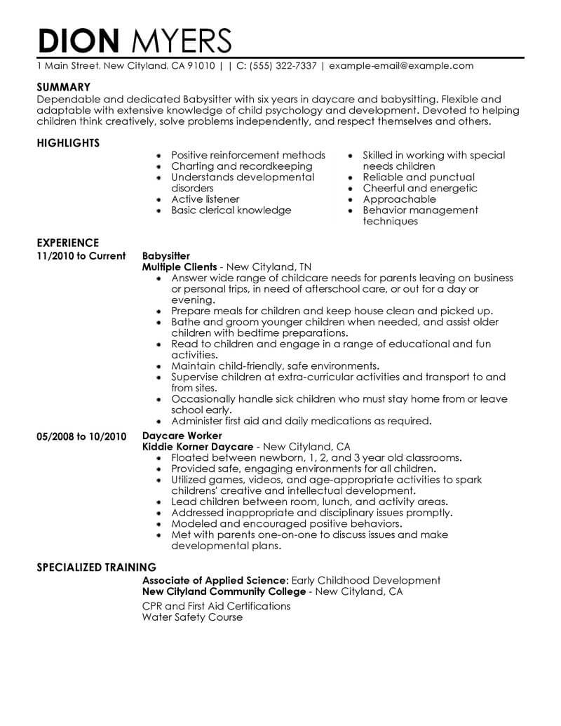 Best Babysitter Resume Example From Professional Resume Writing