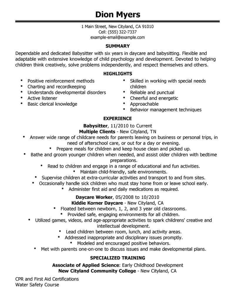 Best Babysitter Resume Example From Professional Resume Writing Service