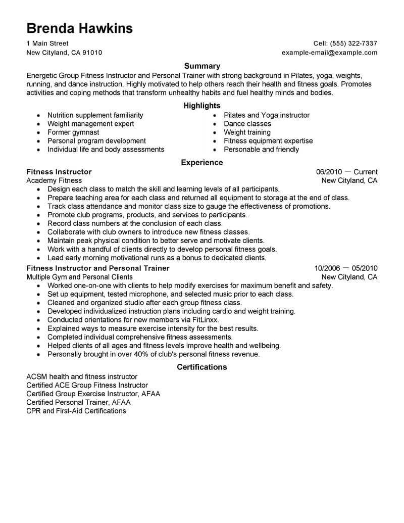Best Fitness And Personal Trainer Resume Example From Professional Resume Writing Service