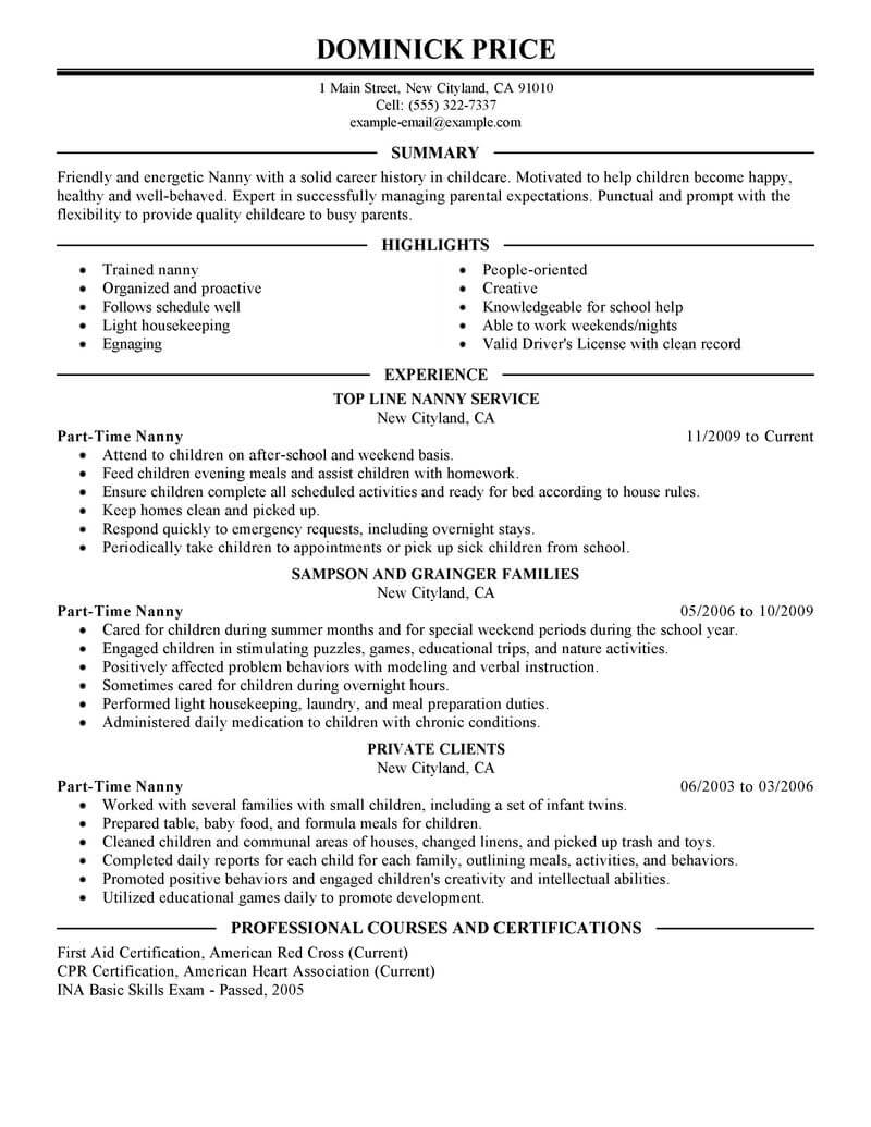 Best Part Time Nanny Resume Example From Professional Resume Writing